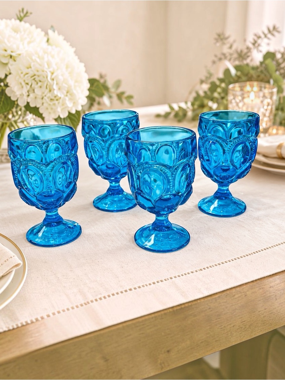 Vintage L.E. Smith Moon & Star Blue Glass Water Goblets Set of 4 6”